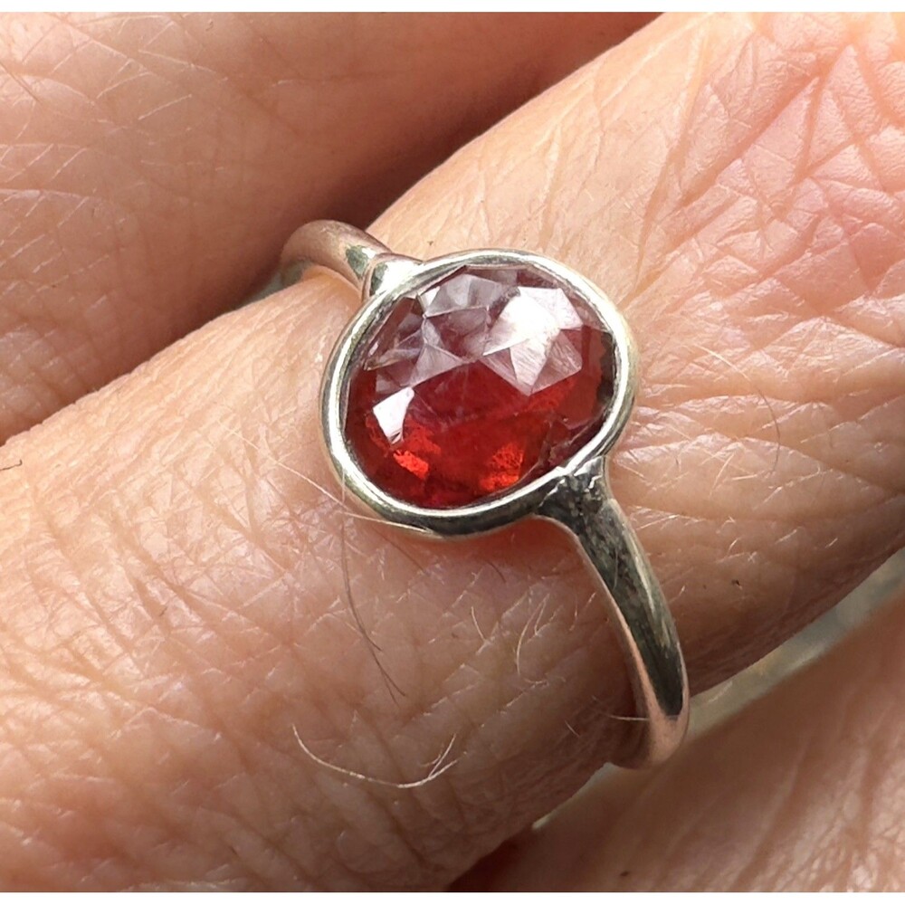 Natural Garnet Oval Faceted Stacking Ring 925 Sterling Silver Bezel Set Size 5.5